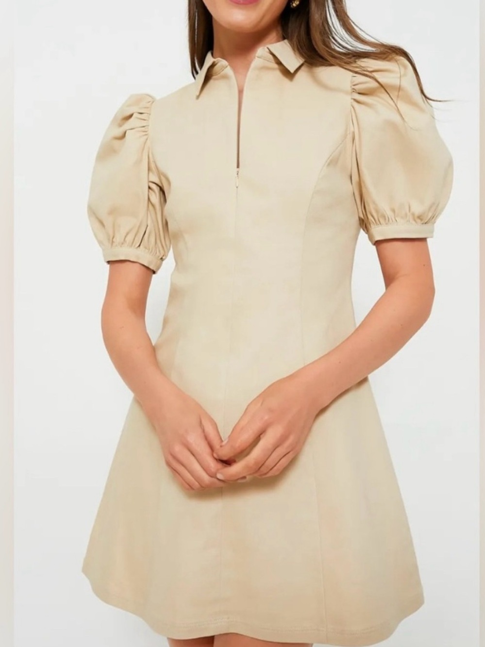 Hyacinth House Tuckernuck Front Zip Denim Mini Dress Cream Tan Size L - Picture 2 of 11